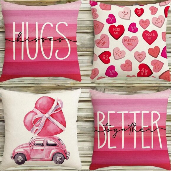 Decorative Pillow Covers Valentines Day Decor Heart Accent Throw Cases 4pc Set - Picture 5 of 6